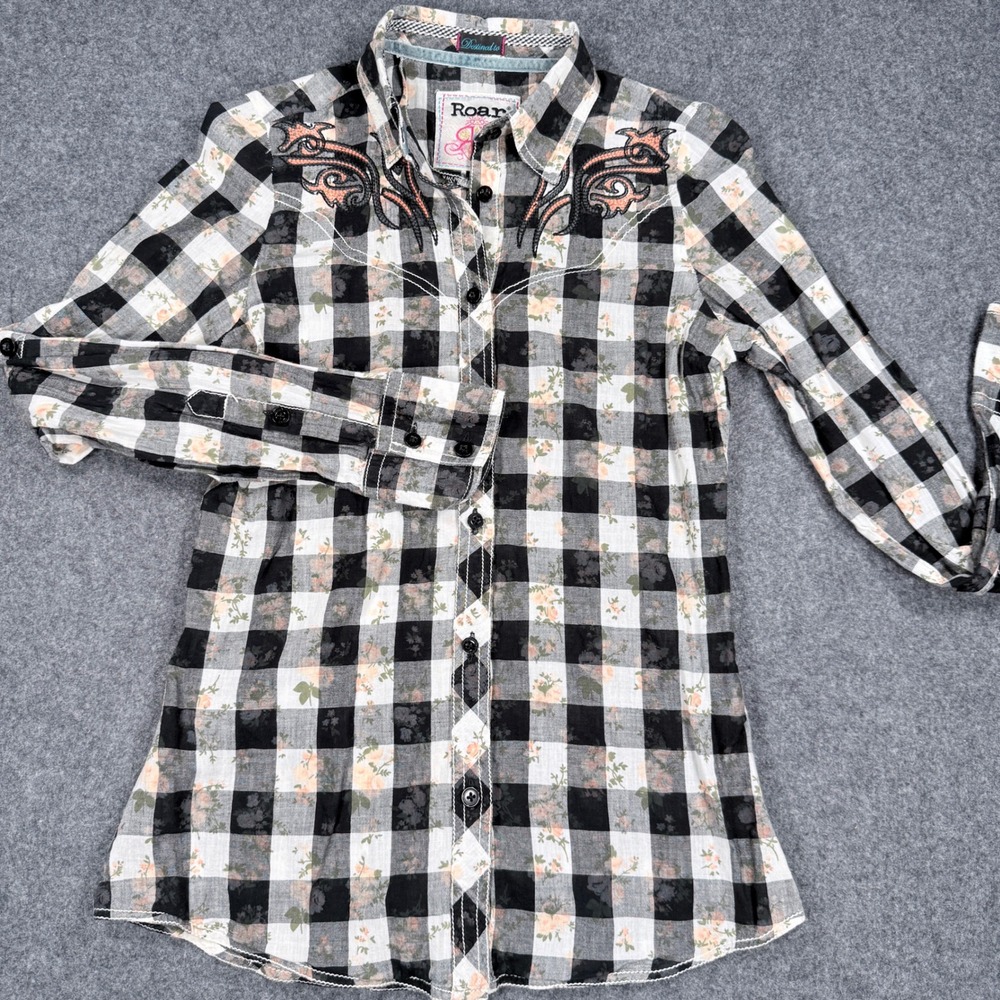 Roar Womens Western Shirt Black White Plaid Floral Embroidered Cross Size XS